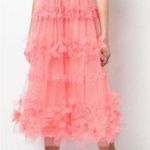 Marchesa Notte Off Shoulder Tulle 3D Floral Midi Gown Dress Size 0 Pink Tiered Photo 0