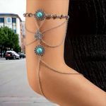 Bohemian Silvery Arm Chain With Green Turquoise Inlaid, Floral Pendant, Ethnic‎ Silver Photo 2