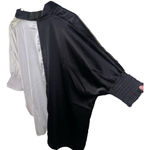 ODDY Satin Button Down Shirt Woman Small Colorblock Classic Chic Batwing Modern Black Photo 8