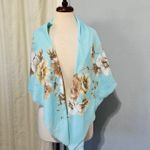 Women Floral Shawl Square Fringed Light Blue Tan Cream Elegant Accessory Photo 0