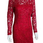 Marina Round Neck Ruched Side Sequin Lace 3/4 Sleeve Sheath Dress Red Sz 6 Photo 2