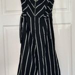 Black & White Buckle V-Neck Zip Front Woven Striped Jumpsuit Black/white size Small Photo 0