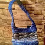 Crochet Shoulder Bag. Crossbody Knitted Woven Hobo Style w/ Blue & Tan Soft Yarn Photo 7