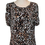 Talbots  Brown And Black Round Neck Animal Print Short Ruched Sleeve Blouse XS‎ Photo 0