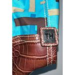 Tommy Hilfiger Tote Bag Purse Handbag Turquoise Blue Brown Signature Print Photo 3