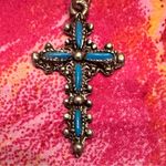 Beautiful Turquoise Cross Necklace with Silver Chain Blue Photo 3