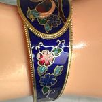 Vintage Cloisonné Blue Enamel Bird & Flower Hinged Bangle Bracelet Photo 6