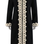 Oscar de la Renta  Black Wool Long Coat Cream hand crocheted and beaded Trim M Photo 0