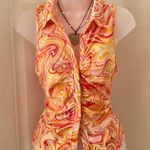Kontrol Orange yellow psychedelic swirl halter sleeveless ruched button up down top shirt blouse stretchy Size XL Photo 0
