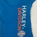 Harley Davidson women's small blue graphic logo tee v neck orange biker moto Photo 4