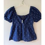 Madewell  Sz M Jacquard Navy Puff Short Sleeve Cropped Top Blouse V Neck Pullover Photo 2