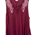 HIP Plus Size 2X Tank Top Burgundy Gauzy Lace Up Embroidered Flowy Boho 1537 Purple Photo 0