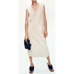 ZARA  Ice Faux Leather Tunic Dress Cream Tan Midi Shift Dress Pockets Medium Photo 1