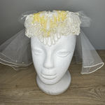 Vintage Wedding Veil Hat White Cream Faux Pearl Lace Double Veil Beaded Photo 0