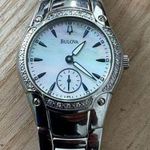 Bulova Diamonds Ladies Watch Pearl Dial Stainless Bracelet Blue Markers 96R55 Photo 4