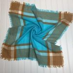 Aqua Tan Camel Plaid Square Scarf Fringe 26" Blue Photo 3