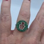 Hamsa Sterling Silver Pave Set Green CZ Ring Size 8 3/4 Silver Photo 6