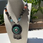 Vintage Boho Tribal Medallion Pendant Necklace Carnelian Turquoise Multistone Blue Photo 2