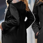 Saphirose Black Hooded Trench Coat Drawstring Waist Plaid Lined Size S Photo 1