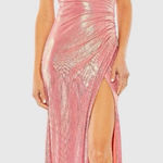 Mac Duggal Size 10 Pink 27152 OFF THE SHOULDER RUCHED WAIST SLIT METALLIC GOWN Photo 0
