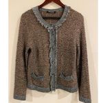 Betty Barclay Women’s Cardigan Ruffle Trim Brown Gray Knit Tweed Button Front Size M Photo 0