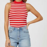 Abound  Red White Stripe Mock Neck Sleeveless Bodysuit Top Size Medium Photo 0