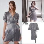 ZARA NWOT  Metallic Silver Laminated Pewter Wrap Mini Dress Sz XS Photo 1