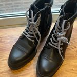 Catherine Malandrino Punk Goth Black High Platform Heel Boots with Striped Laces and Zipper on Side Photo 3