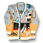 Vintage Noahs Ark Cardigan Sweater Linen Cotton Colorful Animal Print 90s Small Blue Photo 2