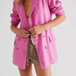Free People NWT  Pink Linen Blend Double Breasted Tie‎ Back Blazer Jacket - M Photo 0