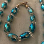 Vintage 20” Necklace & 7.5” Bracelet Set Aqua Teal Blue Shimmer & Clear Beads Photo 2