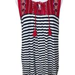 Hannah Blue White Stripe Red Boho Sleeveless Top Tassels Embroidery Large NWT Photo 0