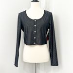 New Carbon38 Medium Black Metallic Ribbed Long Sleeve Shimmer Cropped Cardigan Photo 1