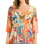 One World  Blouse Women's Size 2X Floral Embroidered Butterfly Pink Blue Photo 0