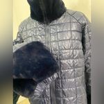 Women's Quilted Navy Puffer Jacket with faux fur winter Blue Size L Photo 8