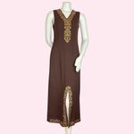 Vintage Embroidered Dress 1960s Sleeveless Skirt Slit Brown Gold Detail Photo 1