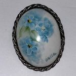 Vintage Hand Painted Violet Blue Forget Me Knots on Porcelain Pendant Pin Brooch Photo 0