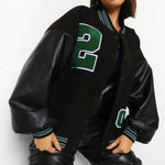 Boohoo  black and green oversized varsity bomber jacket Size 6 Photo 0