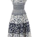 Mlle Gabrielle Mixed floral print boho smocked shirred midi maxi patchwork navy white dress Photo 1