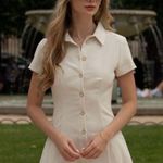 ZARA  mini dress pleated skirt collar button up ivory casual classic old money  Photo 6