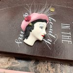 Vintage Lady Face Brooch – Pink Beret Parisian Pin Photo 1