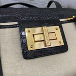 Ralph Lauren Lauren Black Croc Leather Beige Canvas Gold Turnlock Shoulder Bag Photo 12