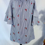 Betsey Johnson  Off Shoulder Navy Stripe Embroidered Dress Ruffle Sleeve Sz 6 💛 Photo 0