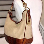 Brahmin Canvas and Warm Brown Crocodile Leather Shoulder Bag with Medallion Photo 0