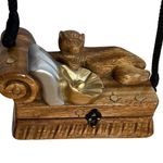 Timmy Woods Carved Lounging Luxury Cat Kitty Minaudiere Purse Shoulder Bag Lined Brown Photo 0