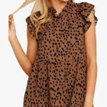 None Women’s Casual Leopard Print Cap Sleeve Ruffle Neck Loose Babydoll Shirt Photo 0