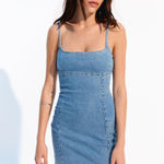 denim mini dress with spaghetti straps. Blue Photo 0