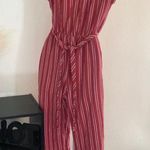 90s style red and white striped jumpsuit with V Photo 1