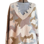 Hem & Thread  Camouflage V Neck Sweater Frayed Distressed Edges, Soft Oversized Photo 0
