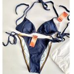 Cupshe NWT  X JoJo Escaping Denim Effect Bikini Top & Side Tie Bottoms Set Blue S Photo 2